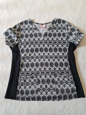 White Cross Black White Floral Lace Pattern Scrubs Top Large Uniform Stretch